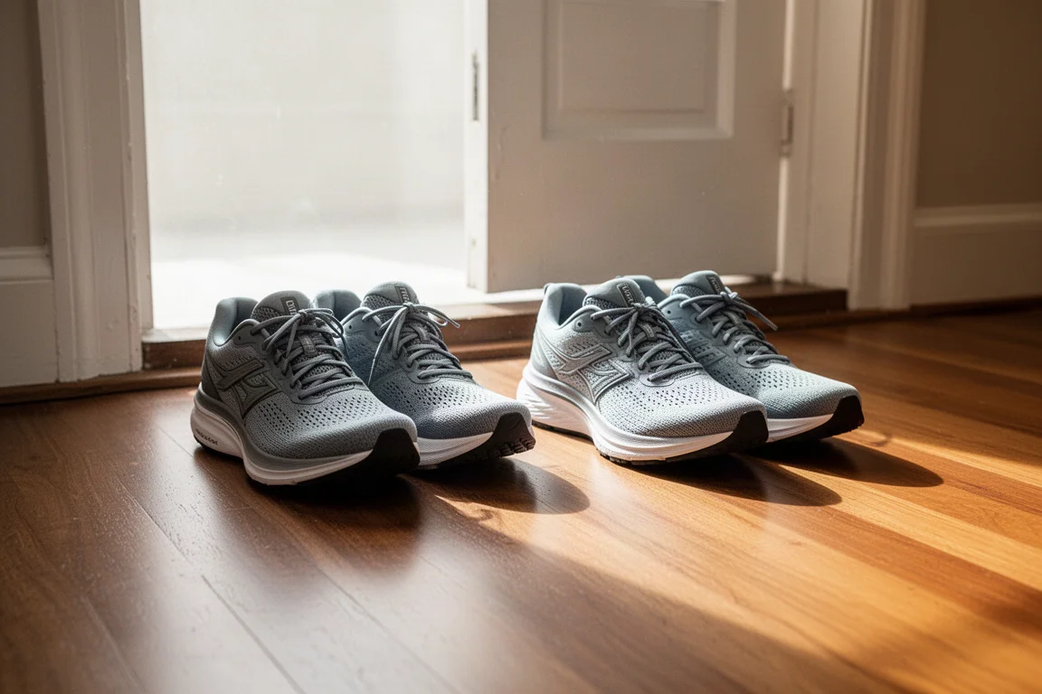 Two pairs of cushioned running shoes side by side on a wooden floor before an easy run