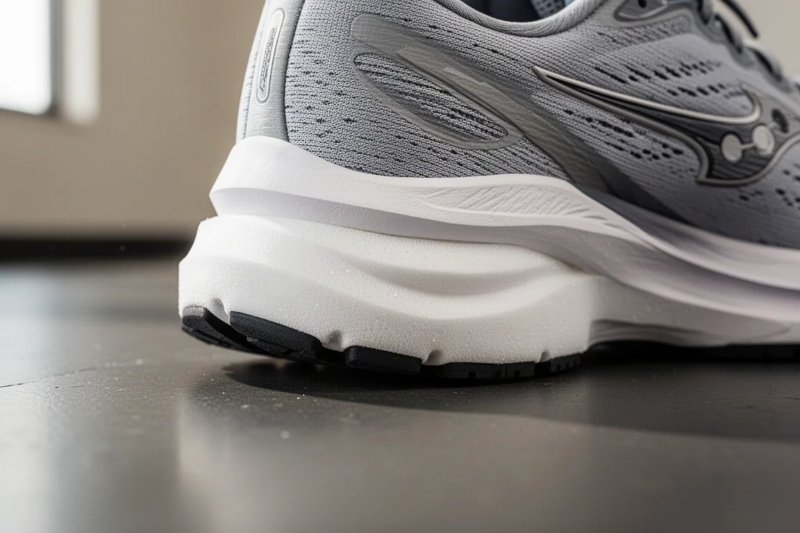 Close-up da espuma da entressola de um tênis de corrida sendo comprimida em um piso de academia