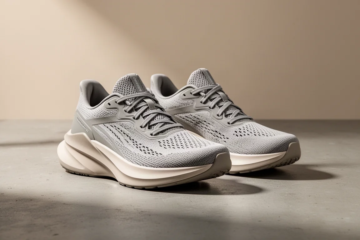 Pair of modern cushioned running shoes on a concrete surface