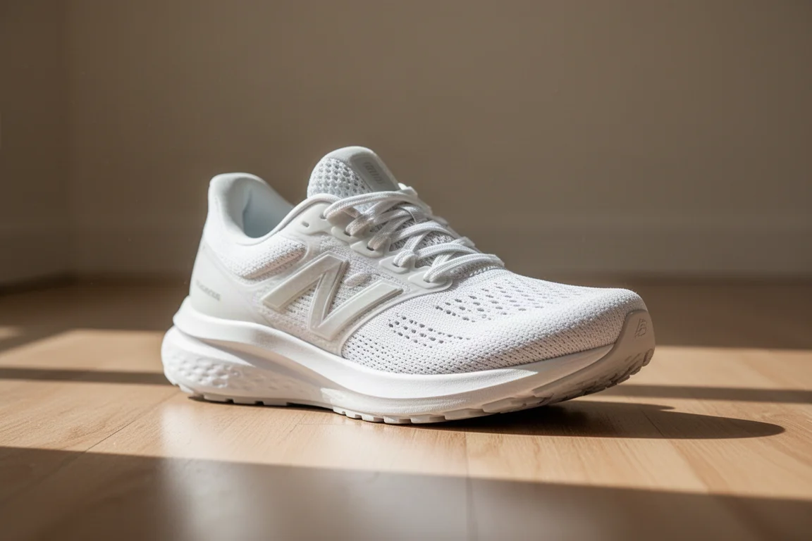 Un corridore allaccia una scarpa da running bianca e ammortizzata su un pavimento in legno