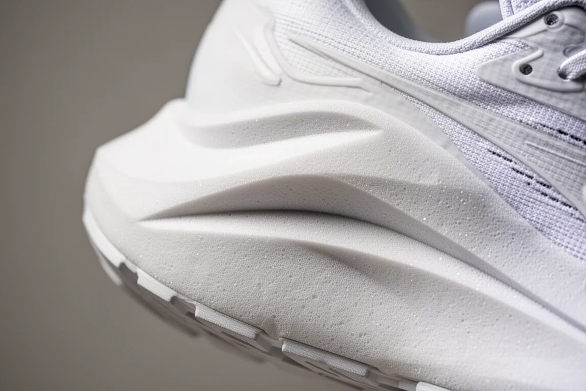 Primo piano di un'intersuola spessa e bianca di una scarpa da running con la geometria della schiuma