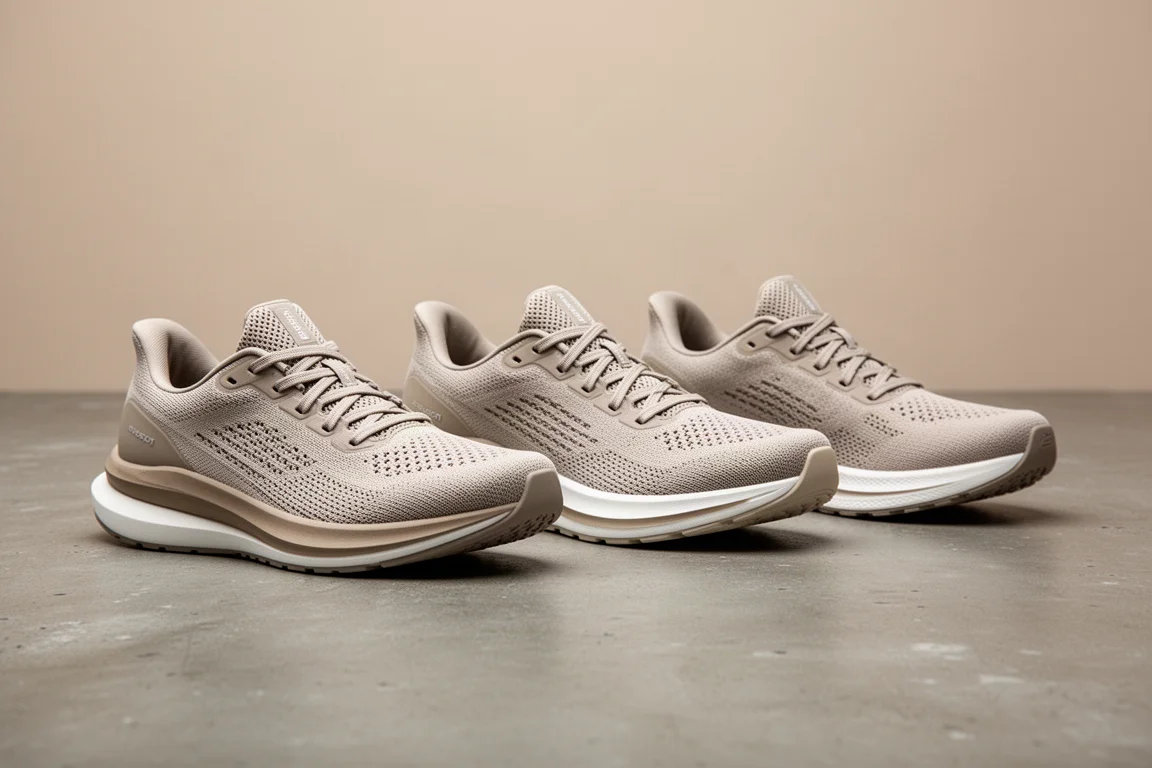 Tre scarpe da running allineate sul cemento in attesa di una decisione