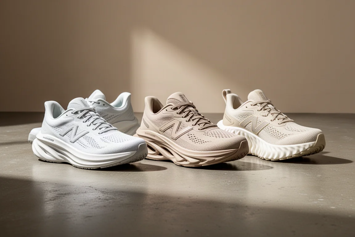 Three pairs of Asics neutral running shoes lined up on a concrete studio floor