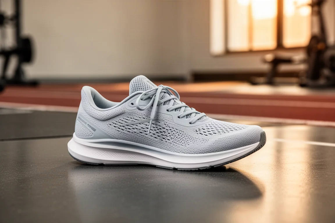 Zapatilla de entrenamiento ligera apoyada en el suelo de un gimnasio junto a una pista de atletismo