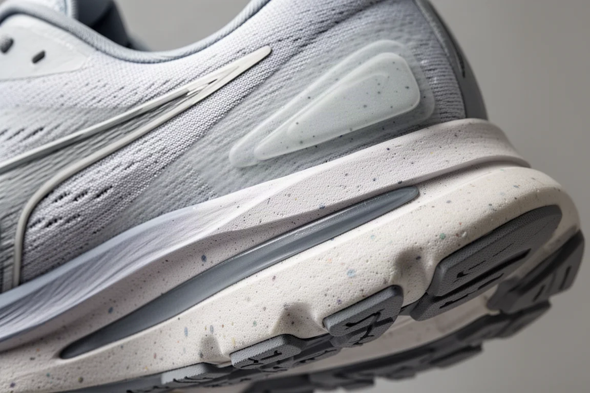 Primer plano de la mediasuela de una zapatilla de running que muestra su estructura de espuma en capas