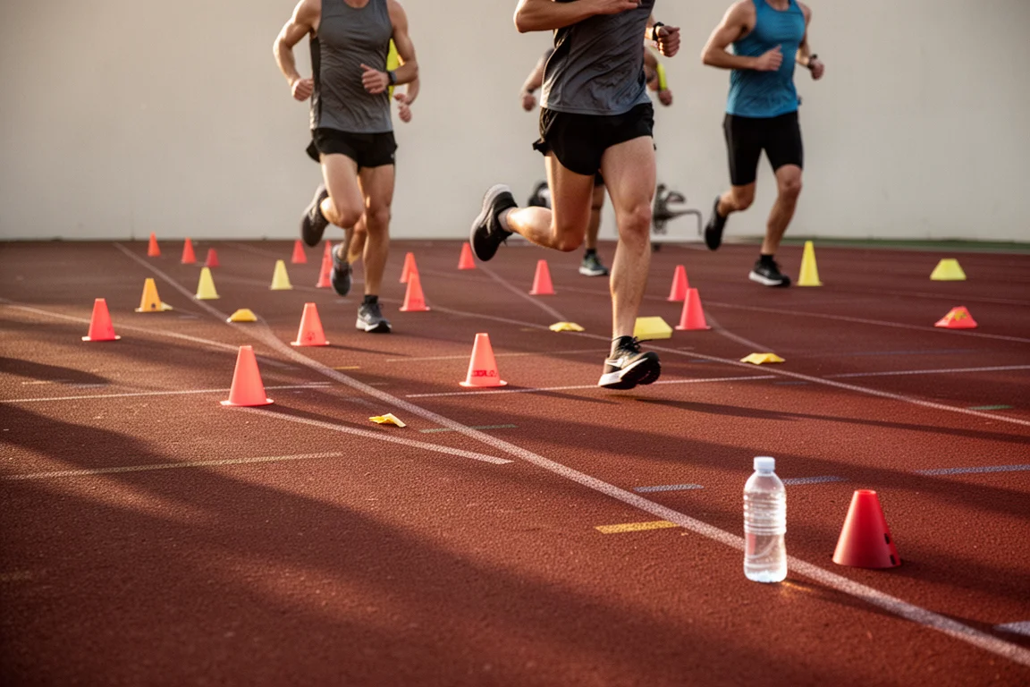 Grupo de corredores haciendo series de intervalos en una pista de atletismo roja
