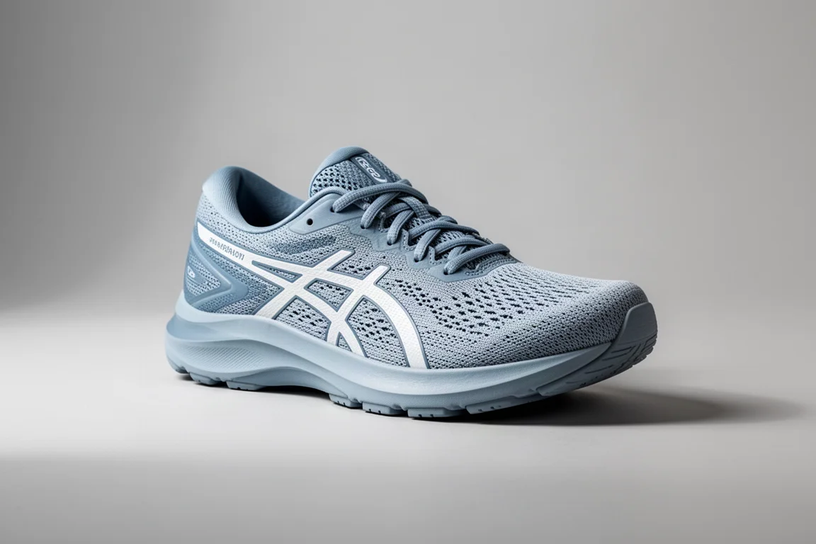 Lightweight ASICS running shoe in muted blue tones on a grey backdrop