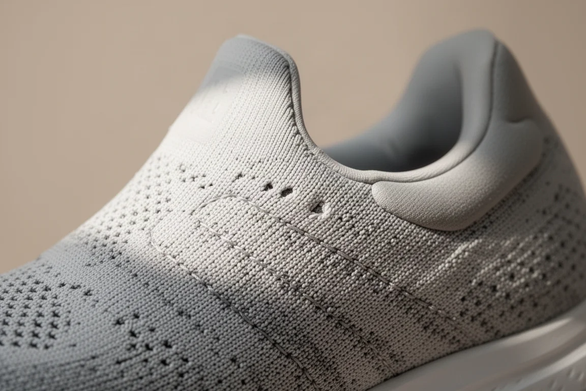 Close-up van een gebreken bovenwerk van een hardloopschoen met textuur en stiksels