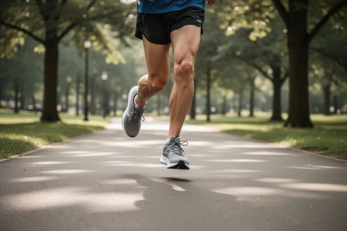Hardloper die rustige dagelijkse kilometers loopt op een rustig verhard pad