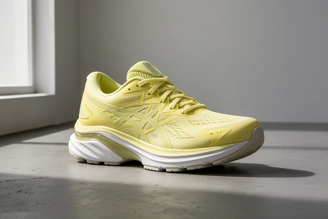 Bright yellow Asics DynaBlast 5 running shoe on a concrete surface