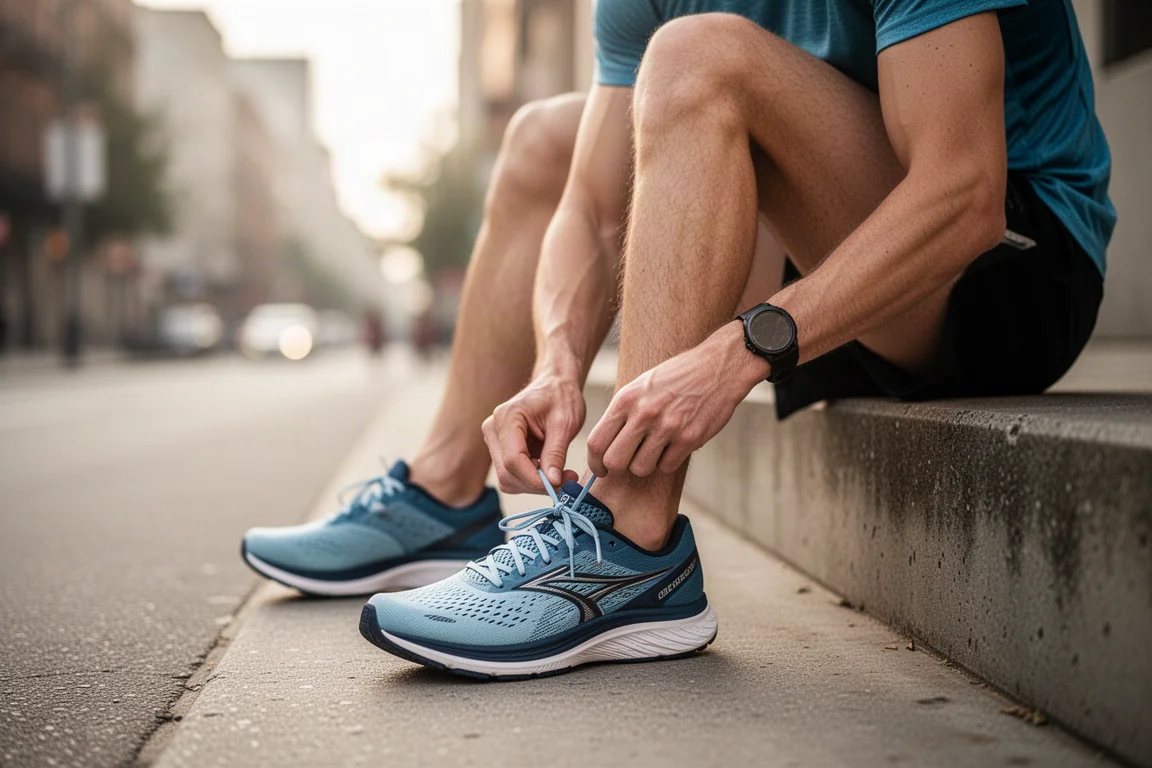 Coureur lasant une chaussure de running légère sur un trottoir en ville