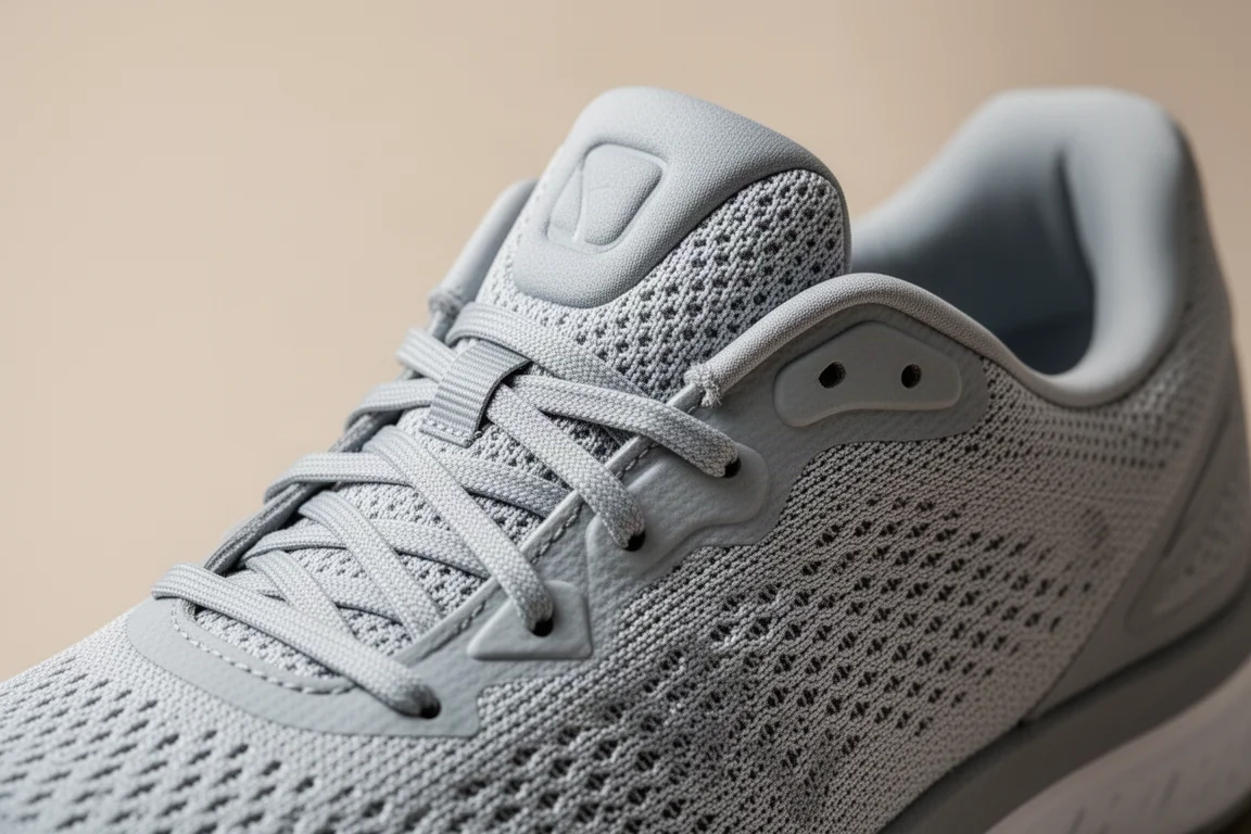 Gros plan sur une tige technique tissée de chaussure de running et sa languette rembourrée