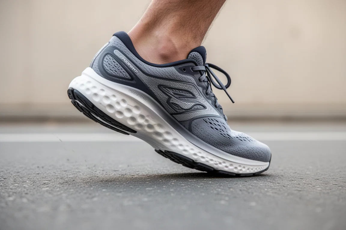 Semelle intermédiaire d'une chaussure de running se comprimant sur un bitume lisse pendant la foulée