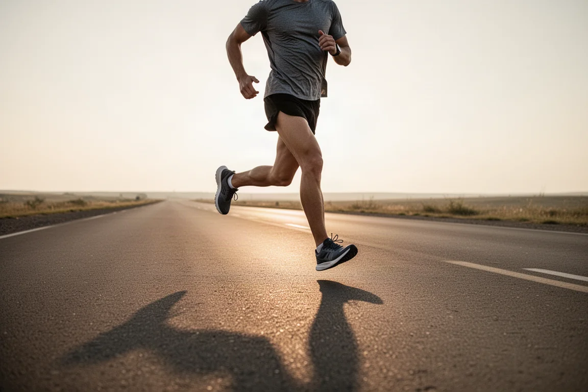 Coureur sur une route ouverte dans une douce lumière du soir, en pleine foulée