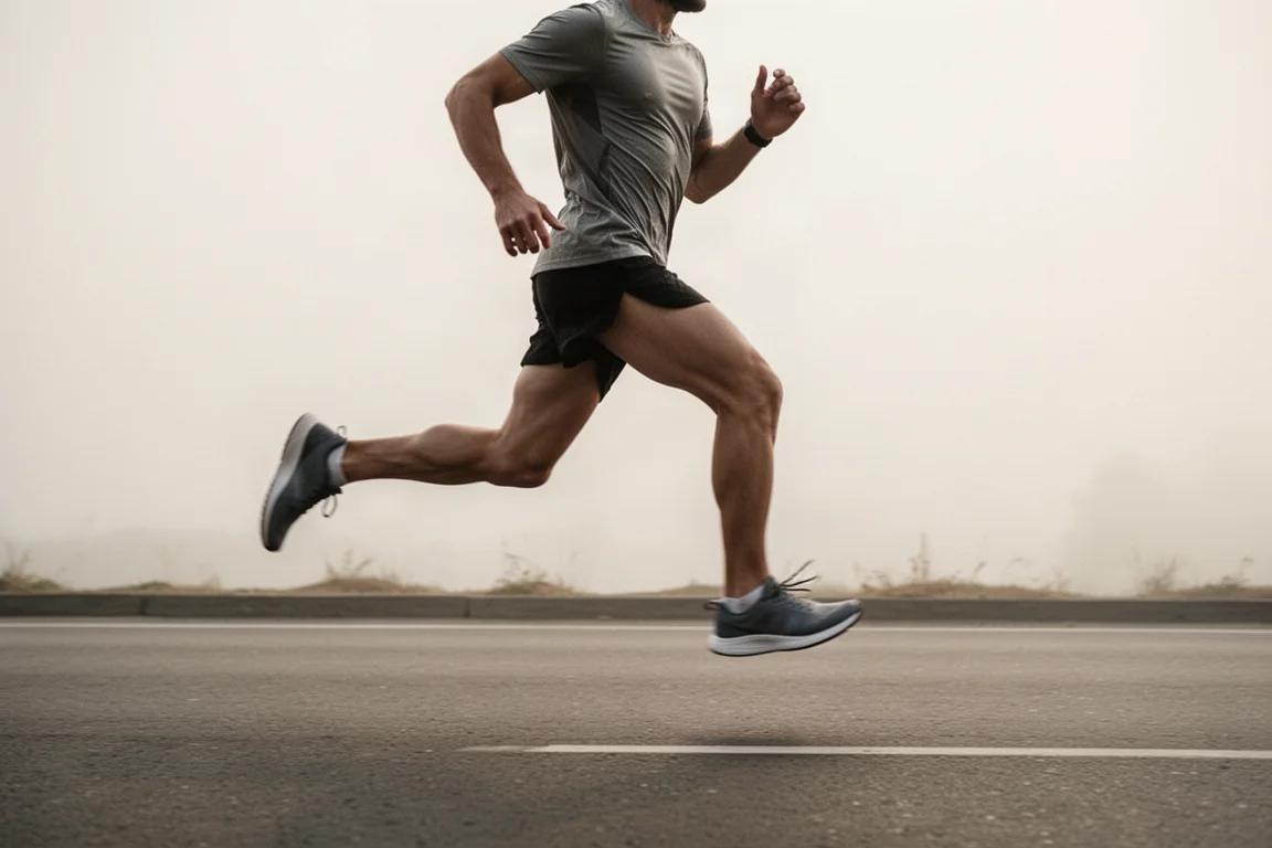 Hardloper midden in een pas op een verharde weg tijdens een tempotraining