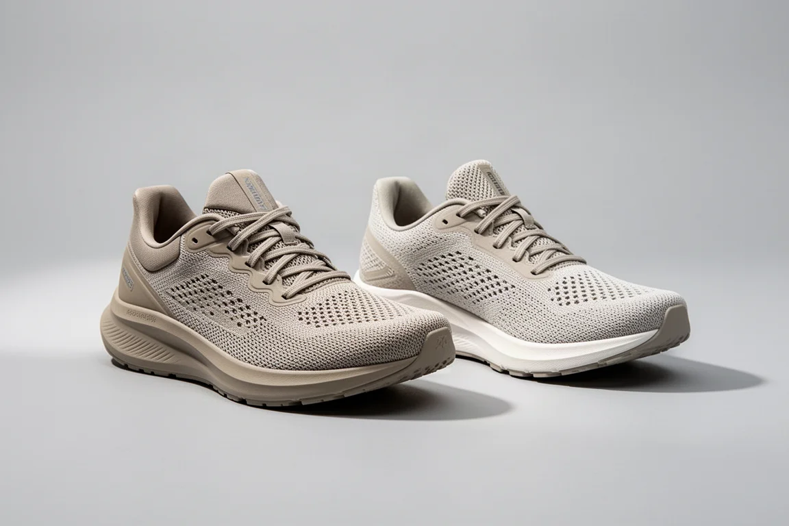 Two neutral Asics road running shoes side by side on a light grey backdrop