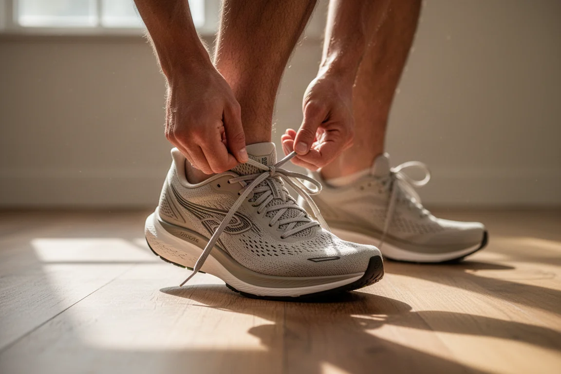 Runner lacing up a lightweight road running shoe before an easy morning run