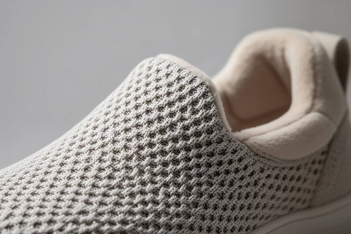 Close-up of a breathable jacquard mesh running shoe upper with plush heel collar