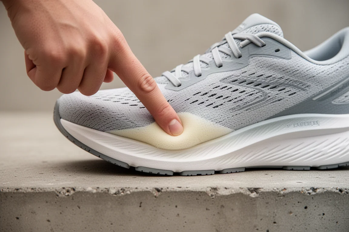 Midsole foam being pressed to show soft cushioning underfoot