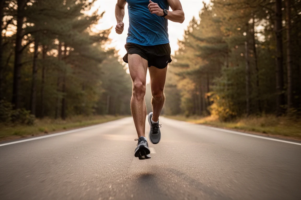 Runner transitioning from an easy jog into faster fartlek intervals on a quiet road