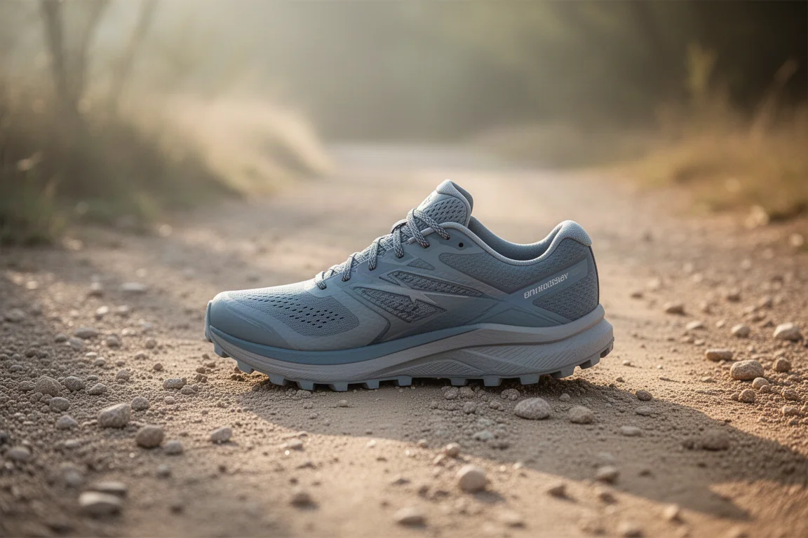 Trail running shoe on sandy gravel trail in soft morning light