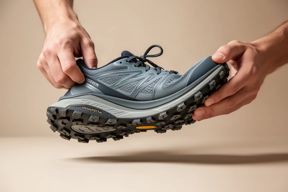 Close-up of a flexible trail shoe outsole being bent