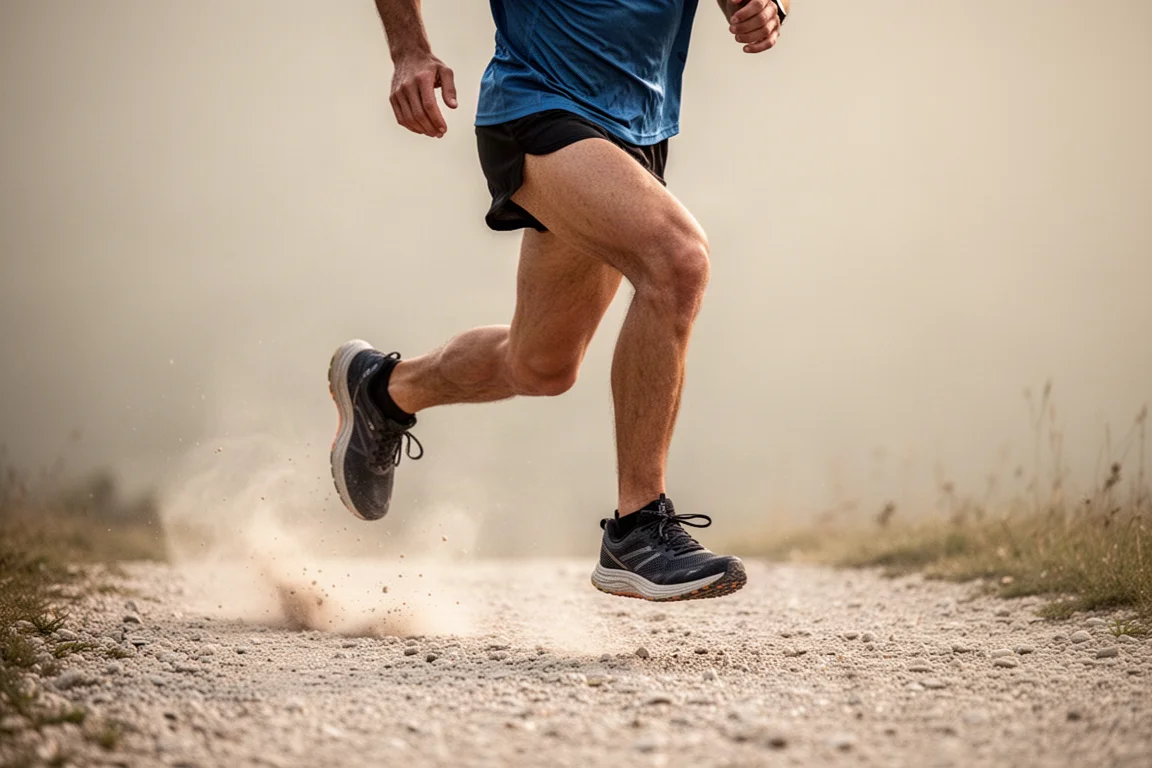 Runner striding on a soft gravel path at pace