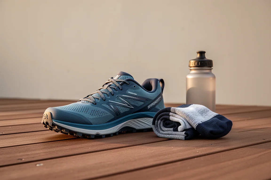 Trail shoe resting on wooden deck beside running gear