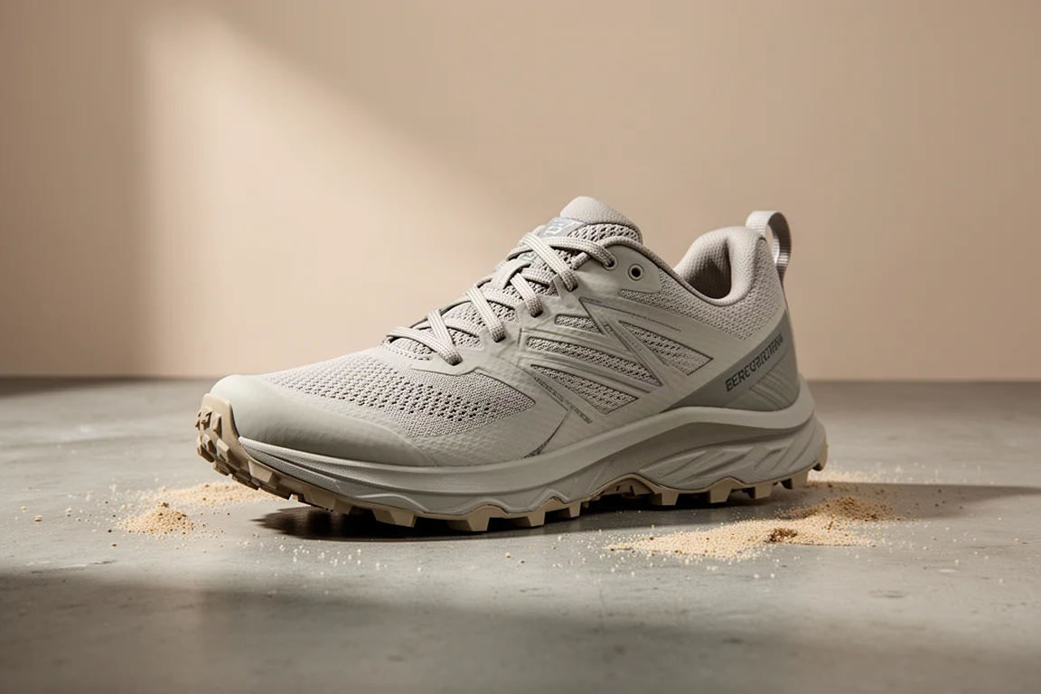 Lightweight trail running shoe on concrete with sand particles