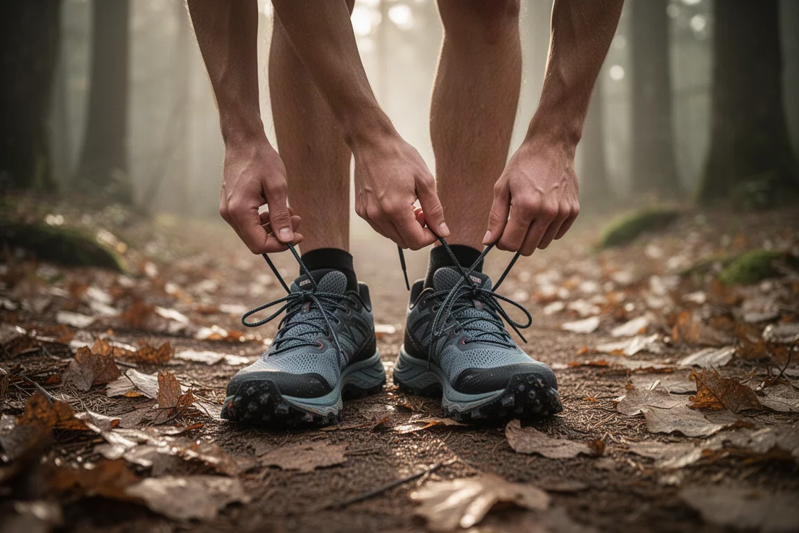 Trail runner che allaccia le scarpe all'inizio di un sentiero nel bosco