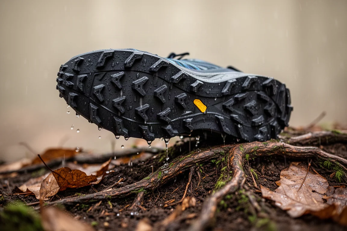 Suola profondamente tassellata di una scarpa da trail premuta contro un terreno bagnato coperto di radici
