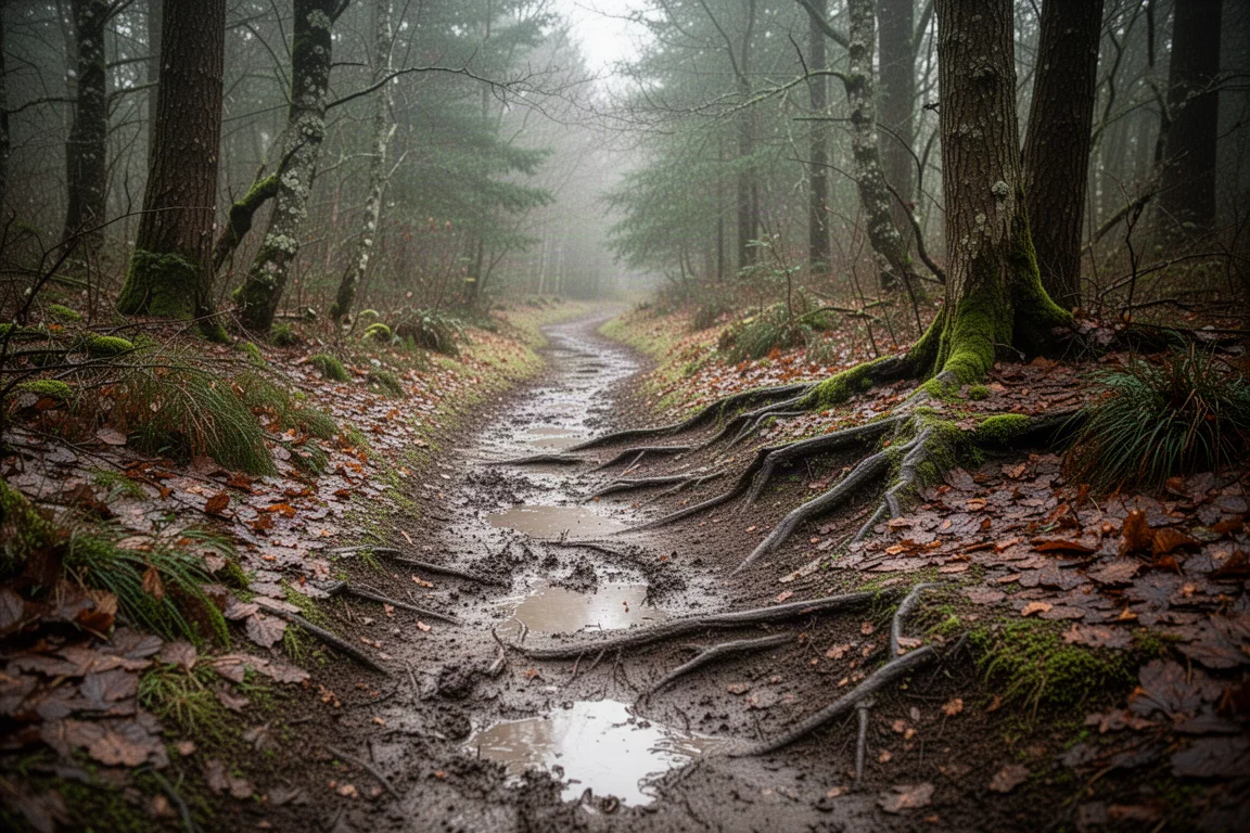 Sentiero tecnico e fangoso che serpeggia attraverso il bosco