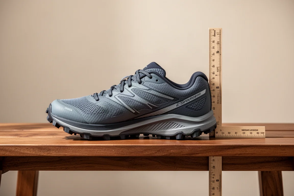 Scarpa da trail appoggiata su una panchina di legno accanto a un metro a nastro