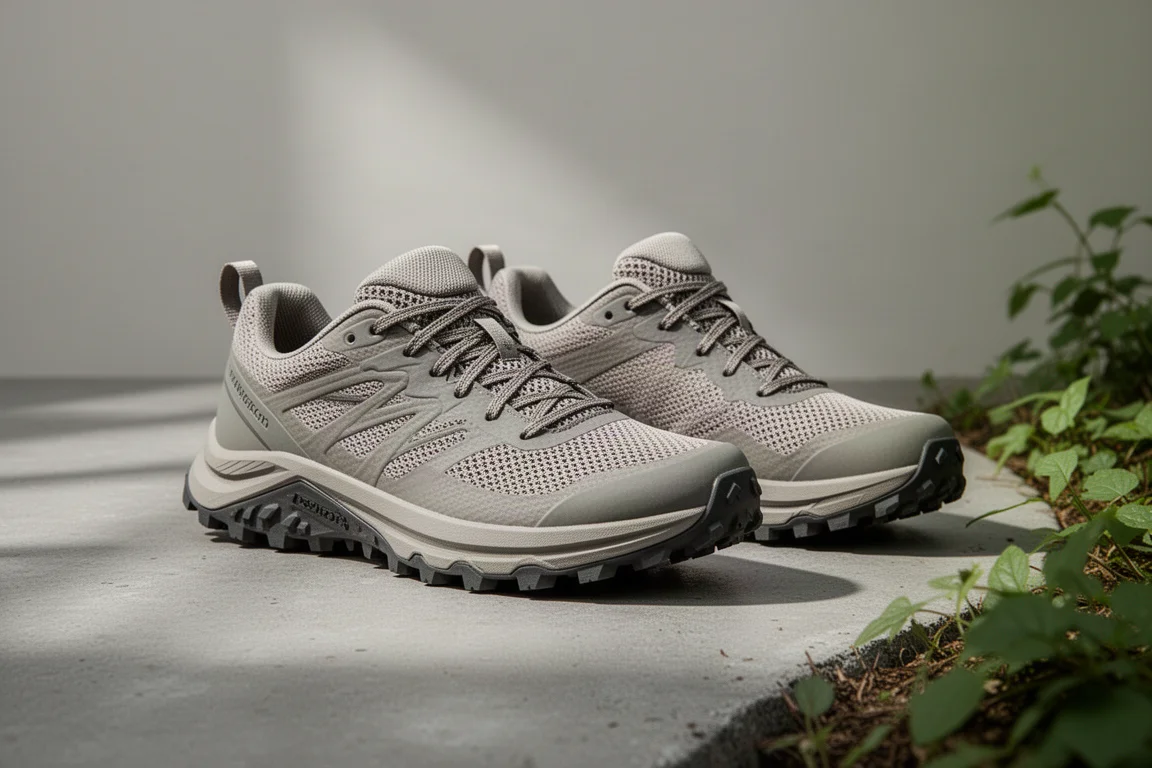 Coppia di scarpe da trail running con suole tassellate su una superficie di cemento