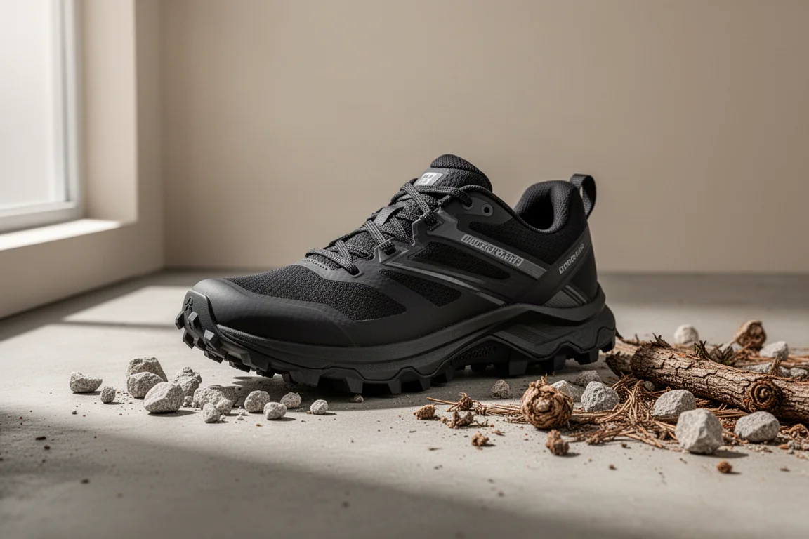 ASICS Fuji Light 6 trail running shoe on concrete beside loose gravel