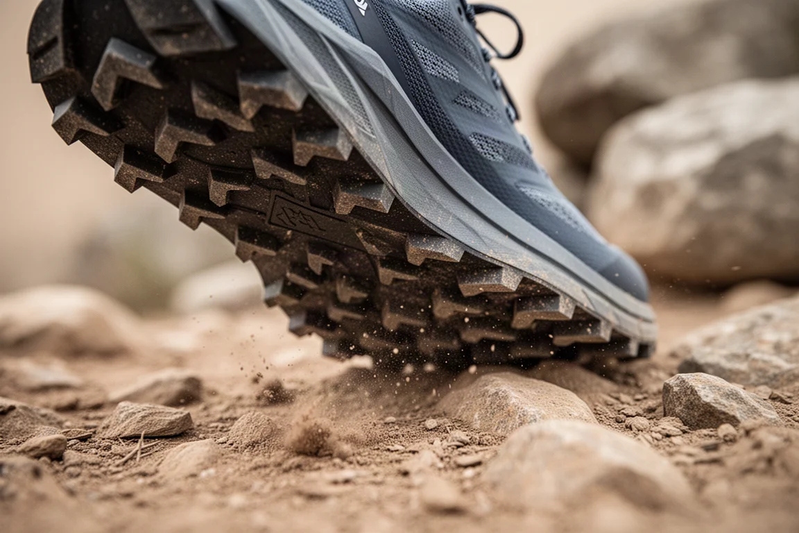 Primer plano de la suela de trail de tacos finos agarrándose a una superficie rocosa
