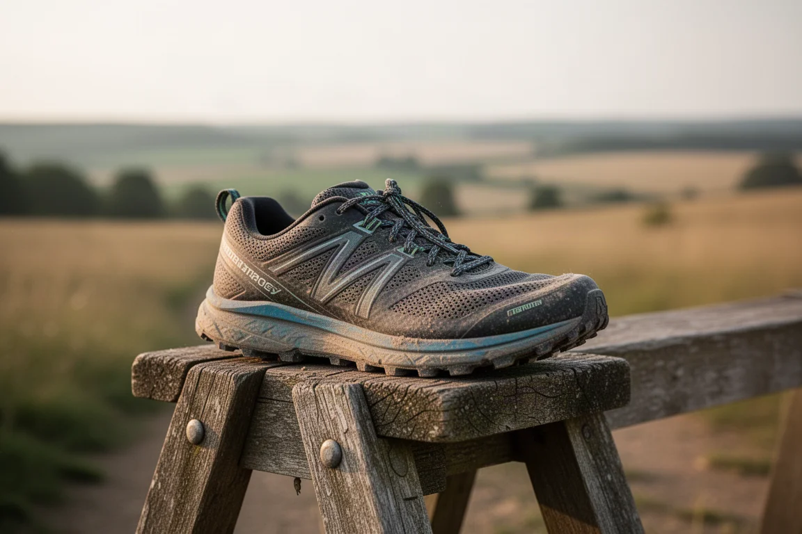 Zapatilla de trail desgastada descansando al inicio de un sendero tras una tirada larga