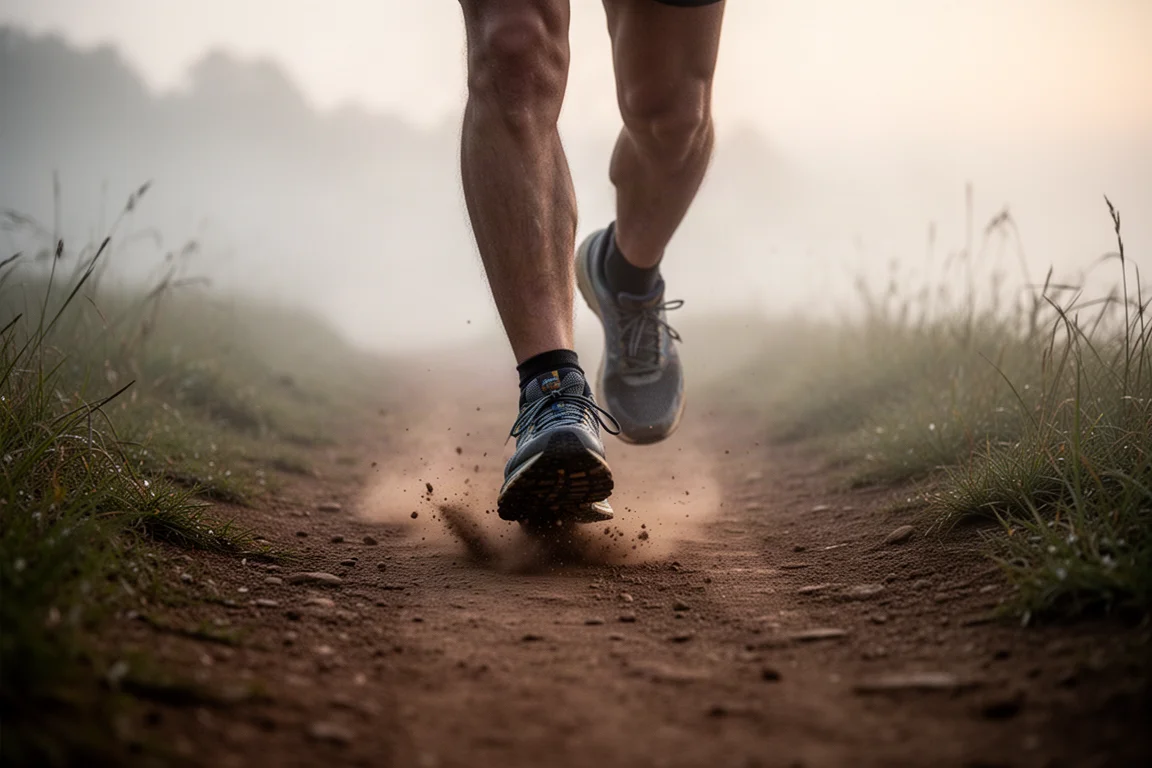 Runner's feet on a packed dirt trail at dawn with light mist