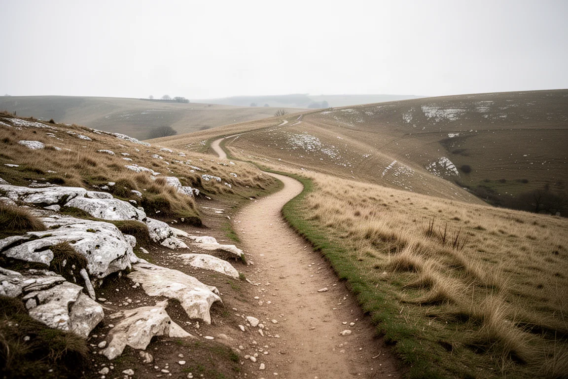 Trail winding through chalk downland with grassy paths