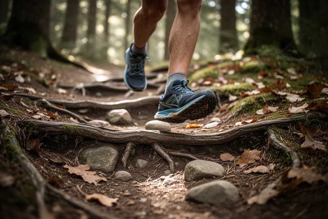 Runner's foot stepping between roots on a lightly cluttered forest trail