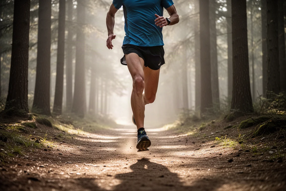 Trail runner moving along a groomed forest path in soft morning light