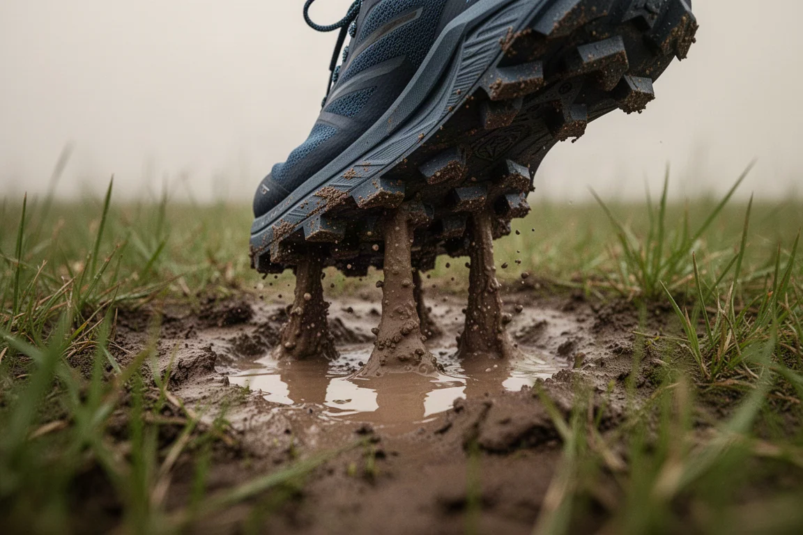 Close-up of trail shoe outsole lugs gripping a muddy patch of trail