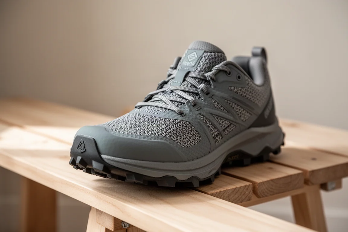 Close-up of a woven running shoe upper with a plastic toe bumper
