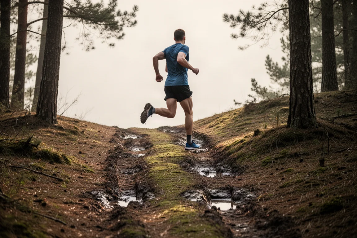 Runner climbing a gentle forest hill at steady pace during testing