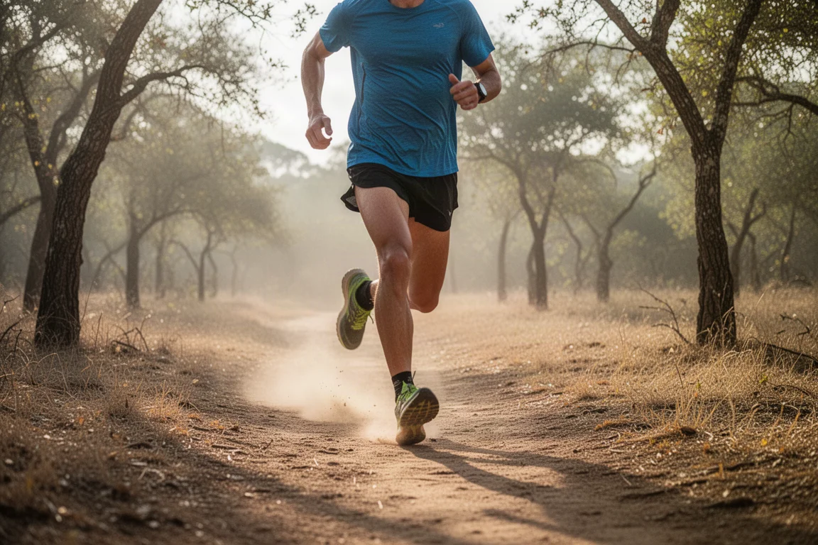 Trail runner moving fast along a dry, runnable forest trail in soft morning light