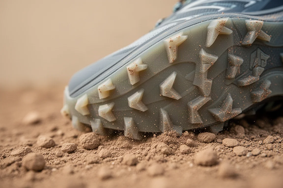 Close-up of a trail shoe outsole with short stepped lugs on dry packed dirt