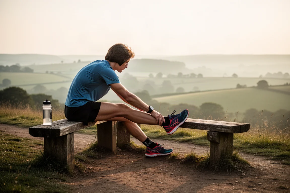 Trail runner stretching on a wooden bench after a hard workout on mild trails
