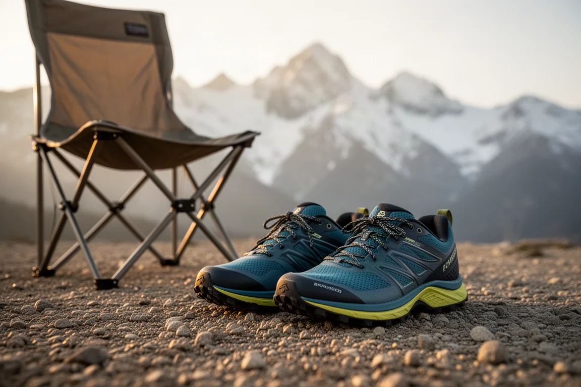 Trail runner lacing up a pair of trail running shoes at a campsite in the mountains