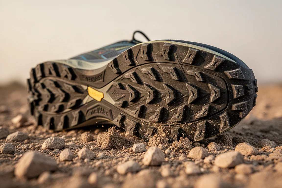 Close-up of a trail shoe outsole showing a lug pattern on rocky ground