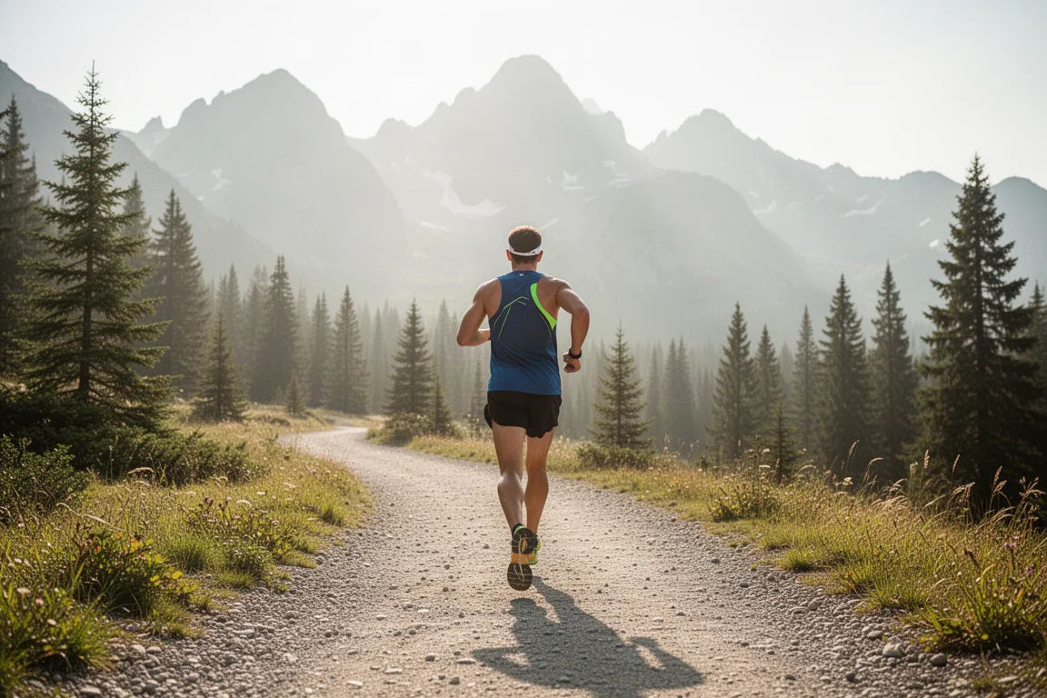 Runner on a scenic gravel trail with mountains in the background on a hot day